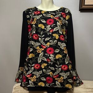 Susan Graver Black Top Red & Yellow Floral Design Overlay & Bell Cuff Sleeve Med